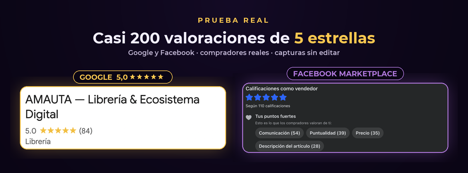 Capturas reales: 5,0 con 84 reseñas en Google y 5 estrellas según 110 calificaciones en Facebook Marketplace